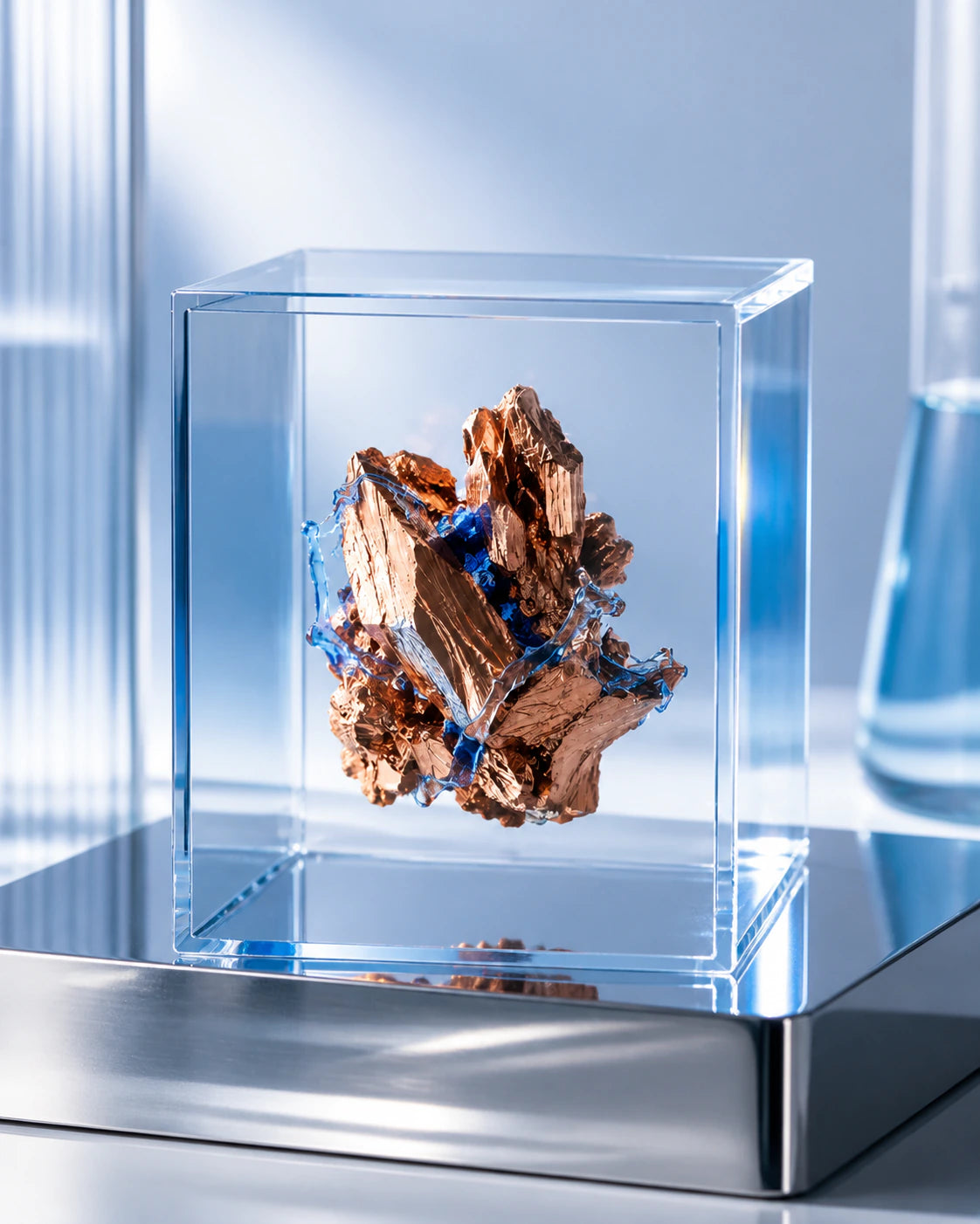 Elemento cobre envolvido pela fórmula azul em cubo transparente