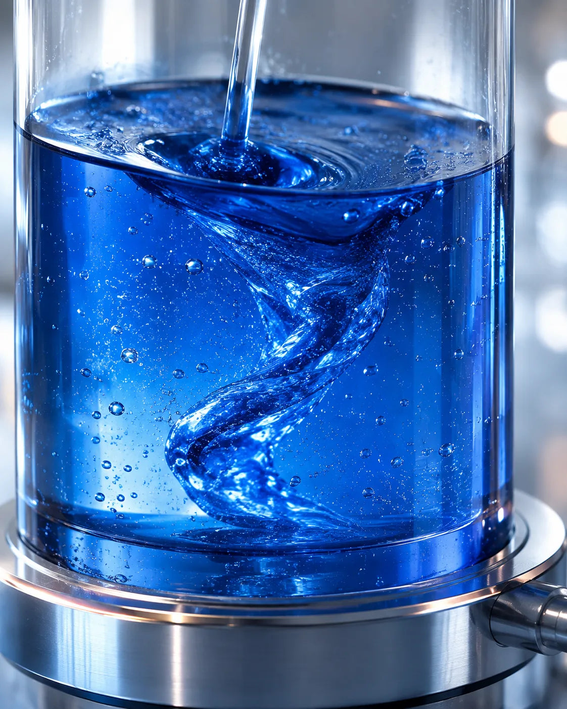 Fórmula azul sendo homogeneizada em recipiente de laboratório