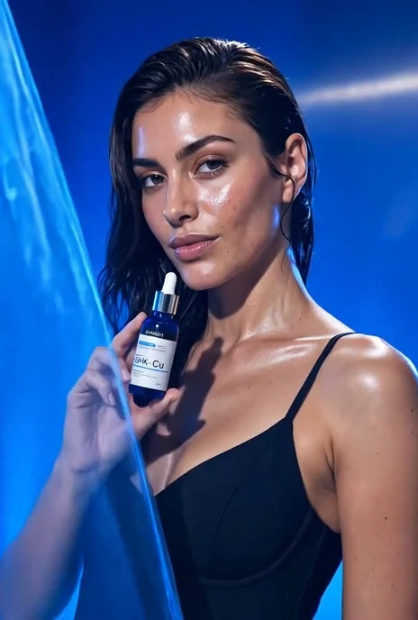 Modelo com pele luminosa segurando o Sérum GHK-Cu