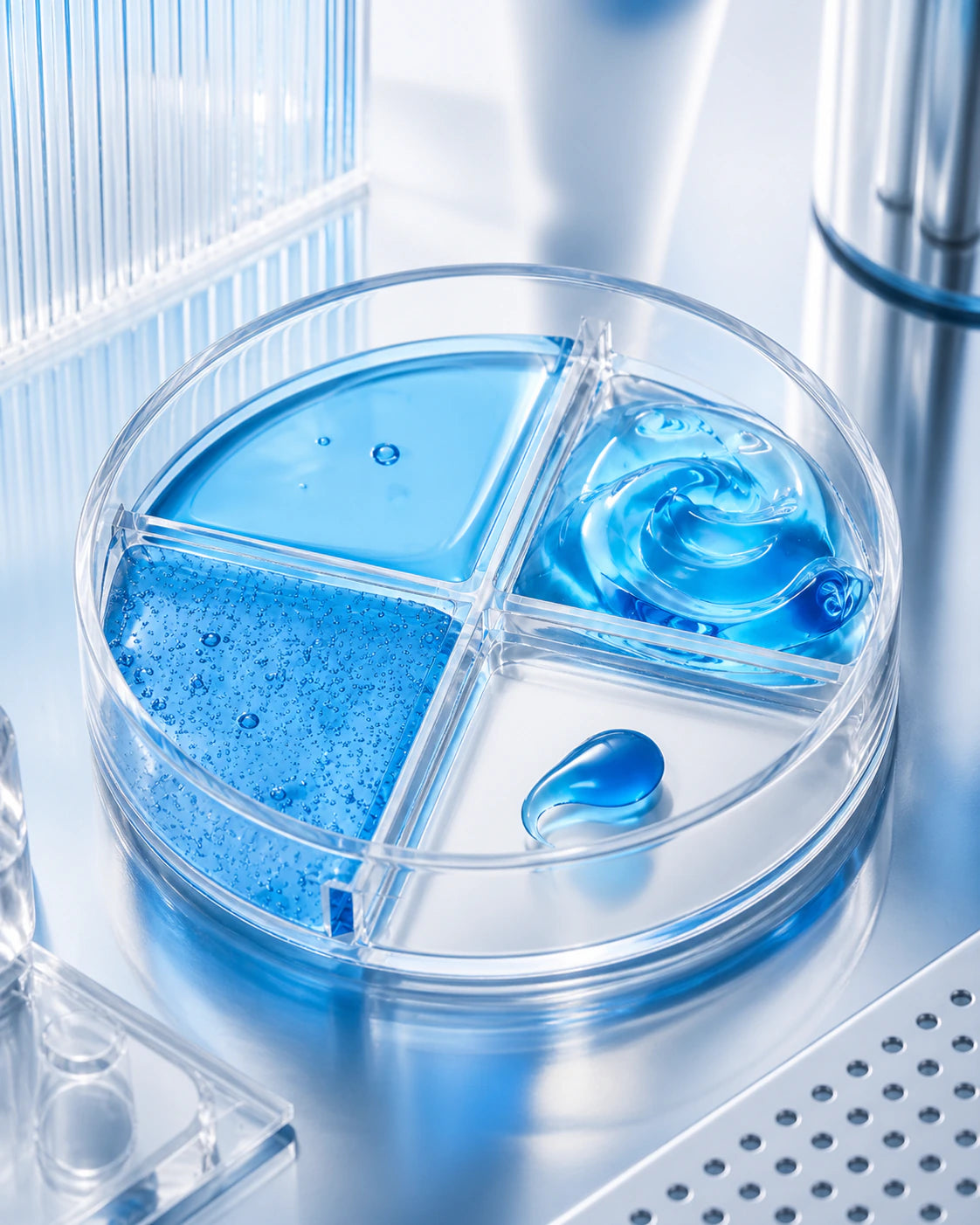Quatro apresentações de textura azul em recipiente de laboratório