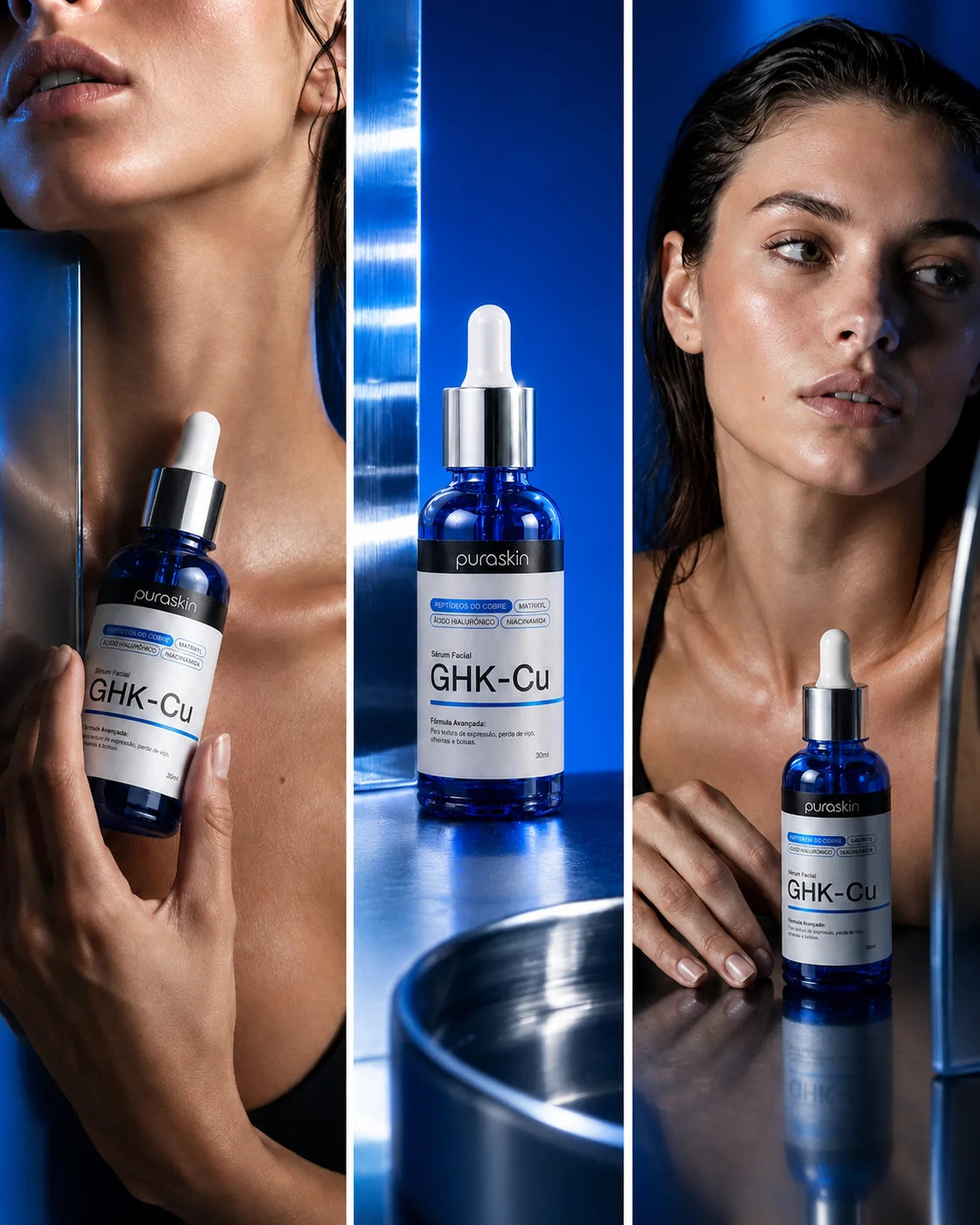 Composição editorial com modelo e Sérum Puraskin GHK-Cu
